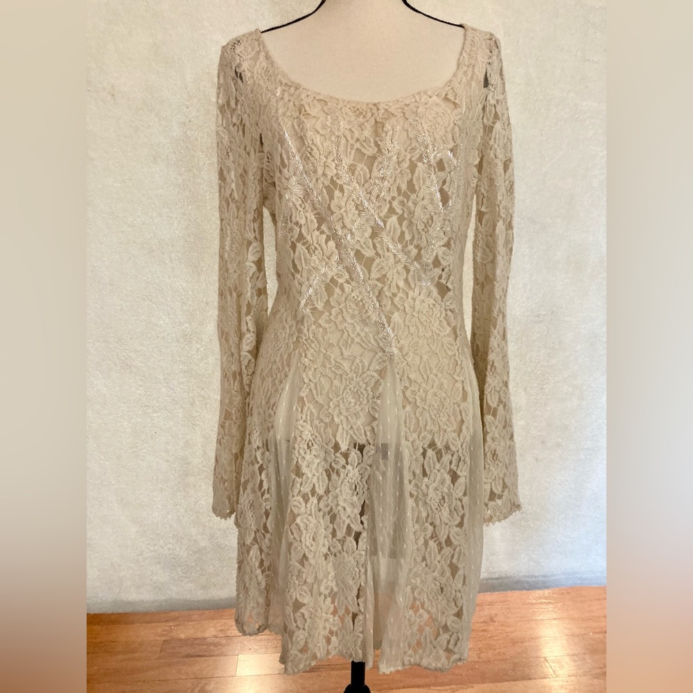 Free People Lace Beaded off white large tunic dress without under slip
